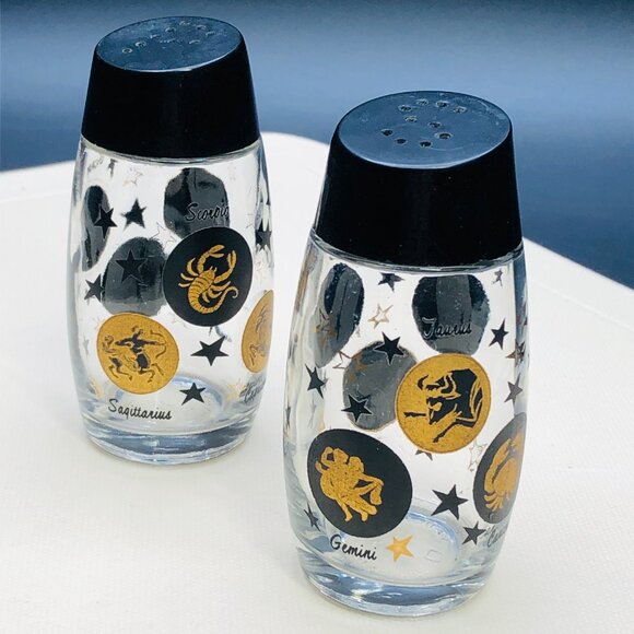 Vintage VAN PAK Zodiac Sign Stars Glass Salt Pepper Shaker Set Made in Canada - Picture 3 of 12